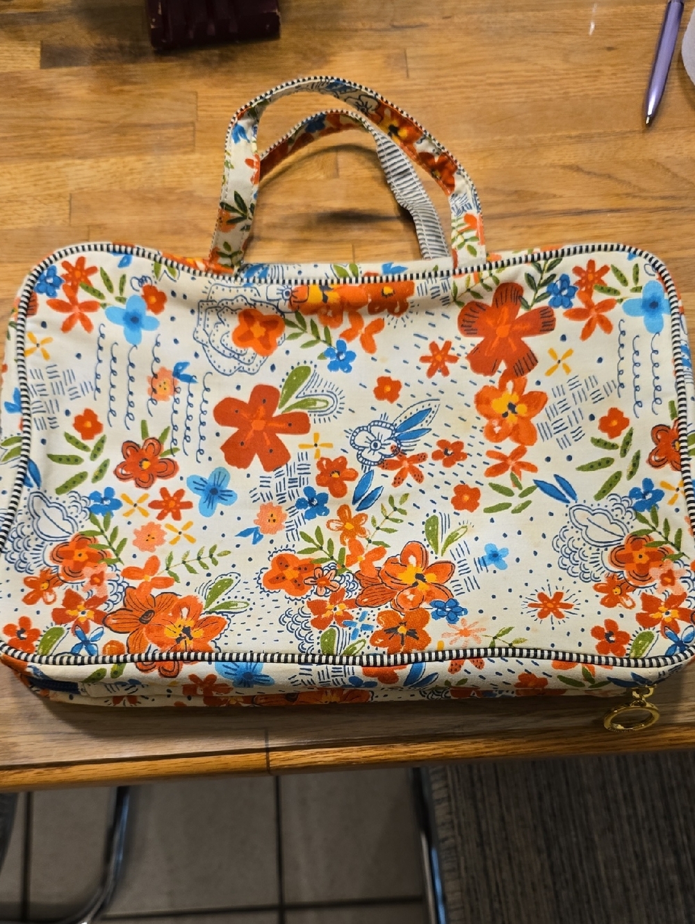 Floral Canvas Organizer Tote Bag in Cream and Orange